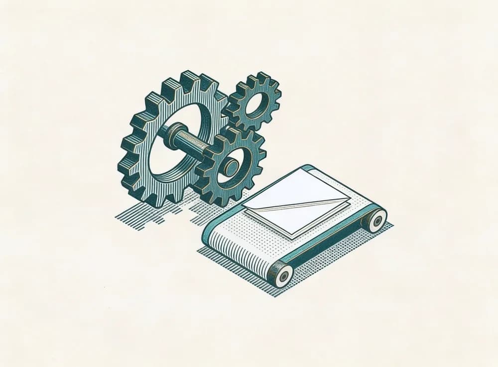 A train of three interlocking cogs driving a short conveyor that carries a folded document.