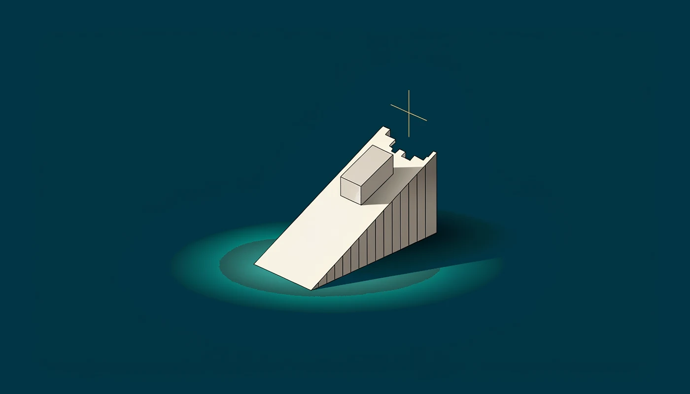 A cream ramp breaking off in mid air, a block halted on it, and a gold cross beyond the break.
