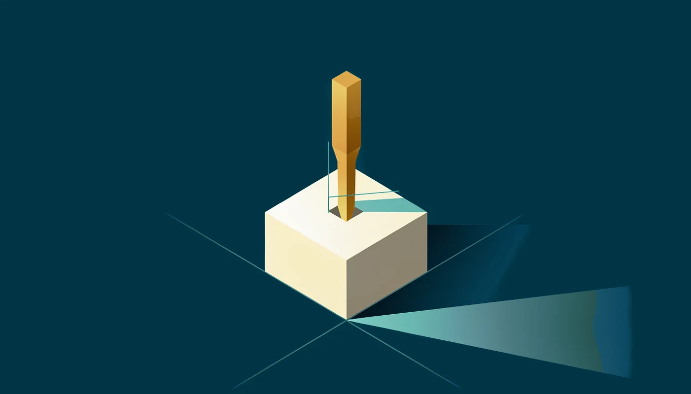 One cream block, and a single gold chisel set against it at one precise point, joined by a turquoise line.