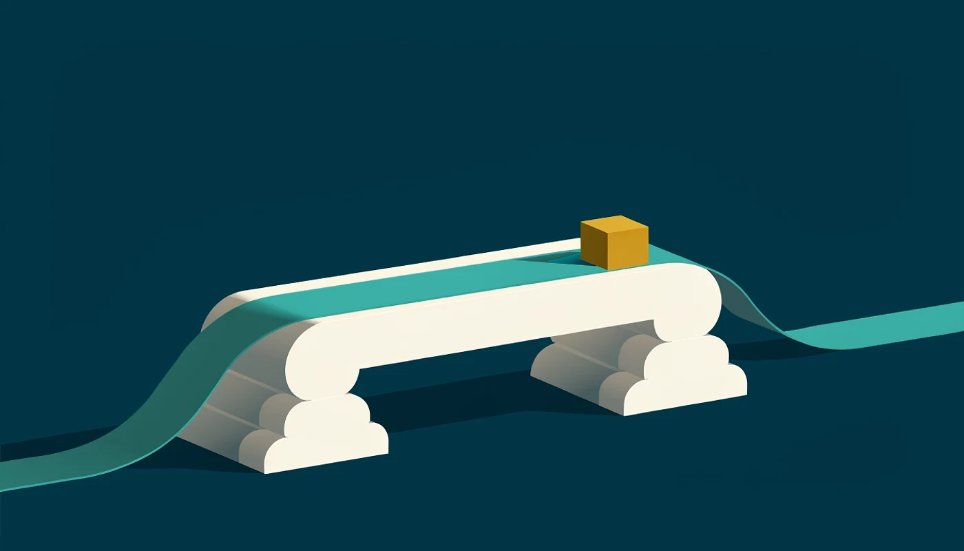 A cream bridge finished end to end, a turquoise ribbon crossing it without interruption, and a gold cube arrived at the far end.