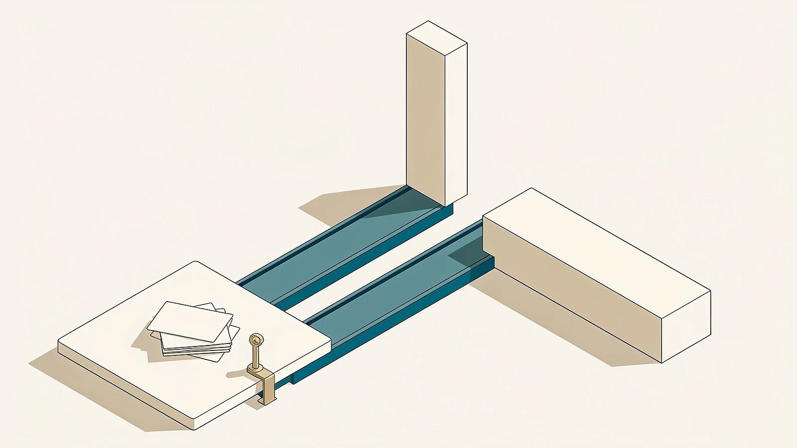 A pile of blank cards on a cream base, from which two turquoise rails run: one to a tall narrow block, the other to a wide low block; a small gold lever stands where the rails begin.