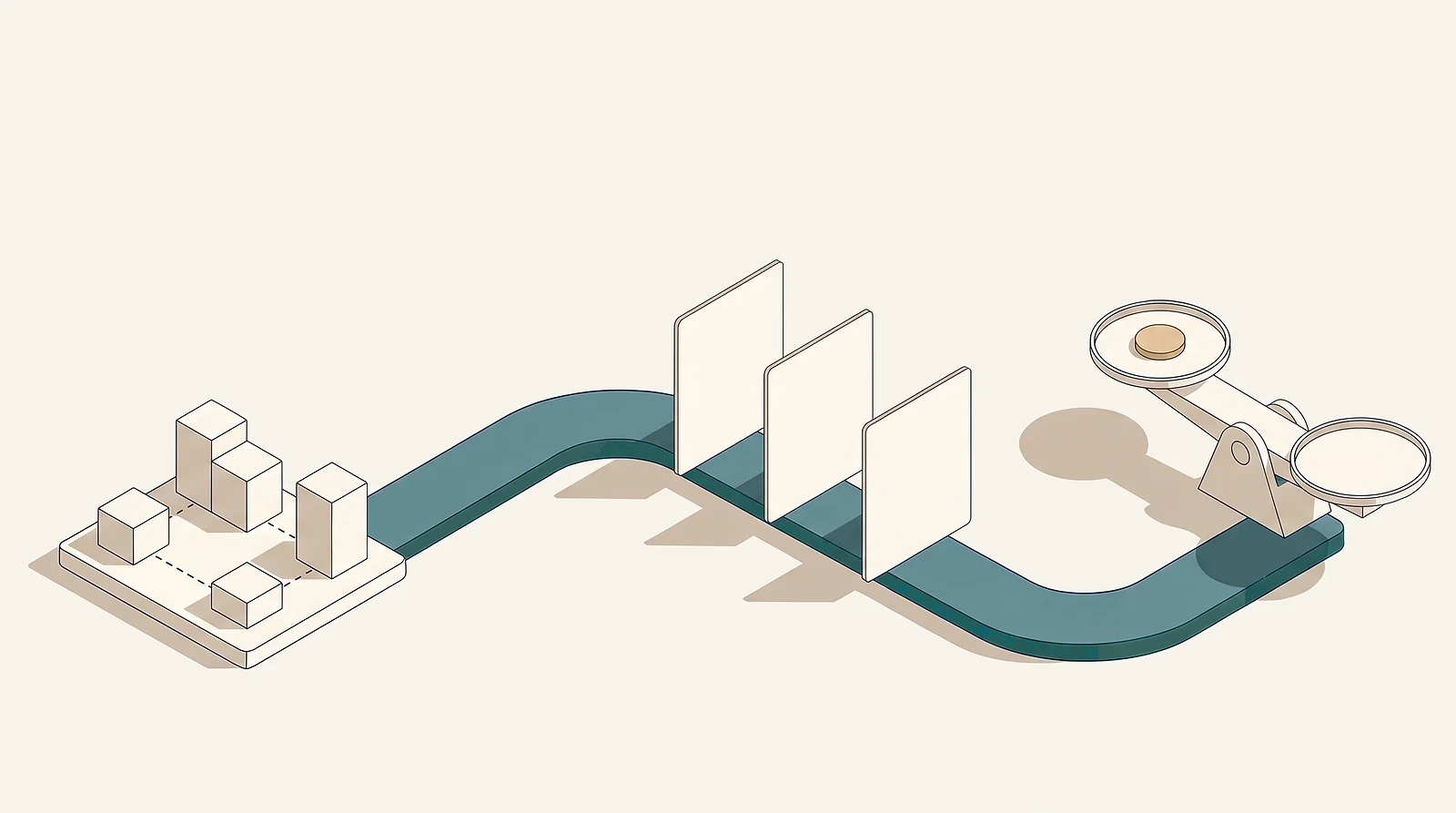 Four small cream blocks of different heights, linked by dotted lines, from which a teal rail carrying three blank cards leads to a cream balance scale with a gold disc on one pan.