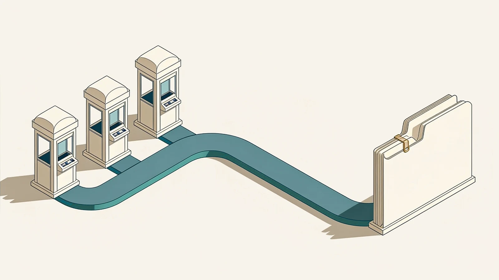 Three cream kiosks linked by turquoise rails that merge toward a single thick folder, held by a gold clip.