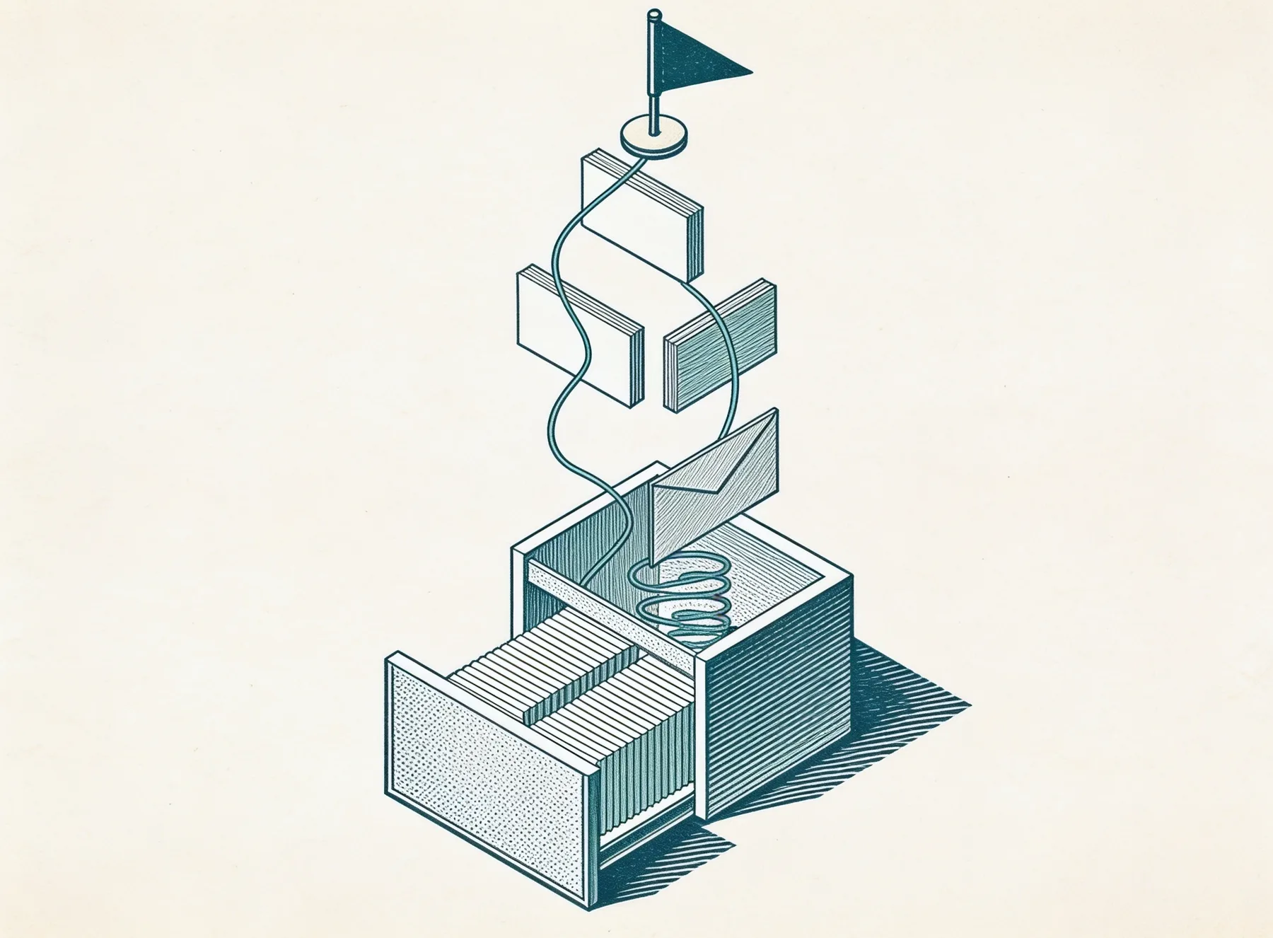 A record drawer from which a turquoise thread lifts three cards toward a gold flag.