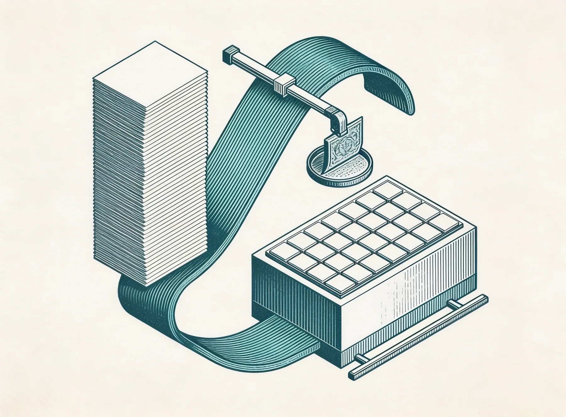 A stack of documents carried by a turquoise ribbon toward a shelf, an arm lifting one aside.