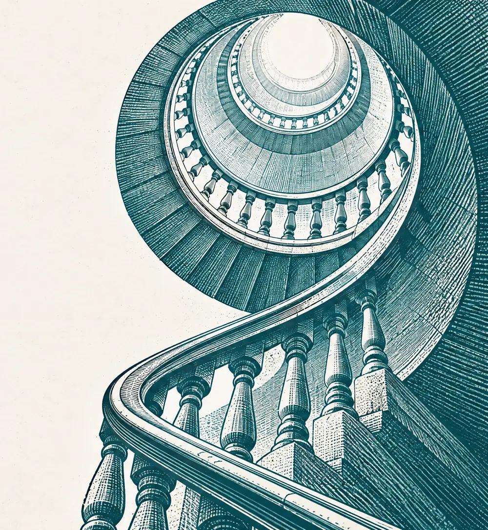 Gravure : un escalier en colimaçon vu d'en bas, qui monte vers la lumière.