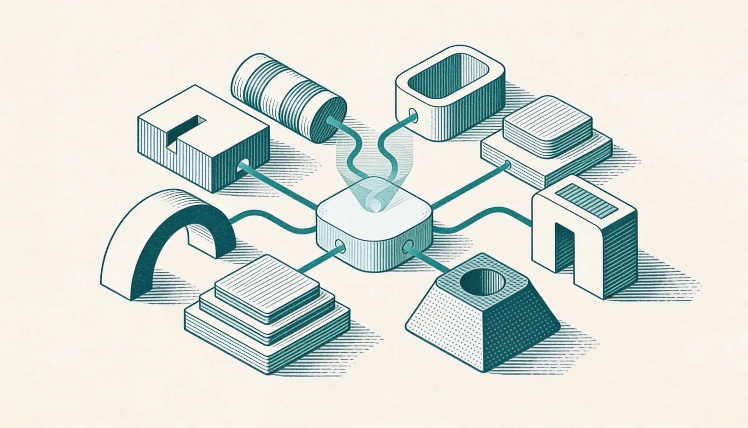 Isometric plate: cream and gold volumes joined by teal links on a dark teal ground.