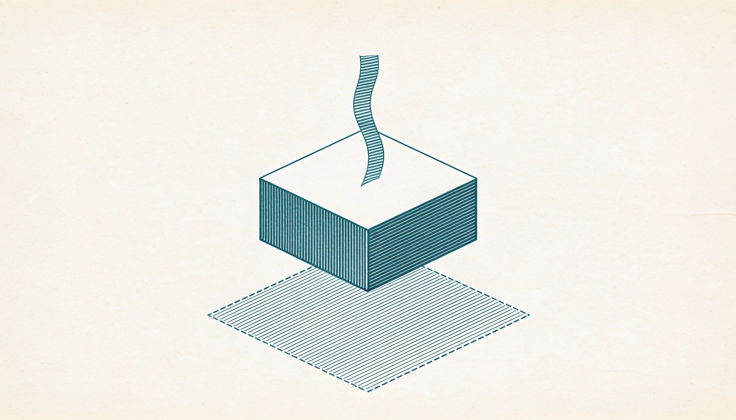 One single solid cream block, with no seams at all, lifted away in one piece by a turquoise ribbon, and on the ground the gold dashed outline of the place it used to fill, now empty.