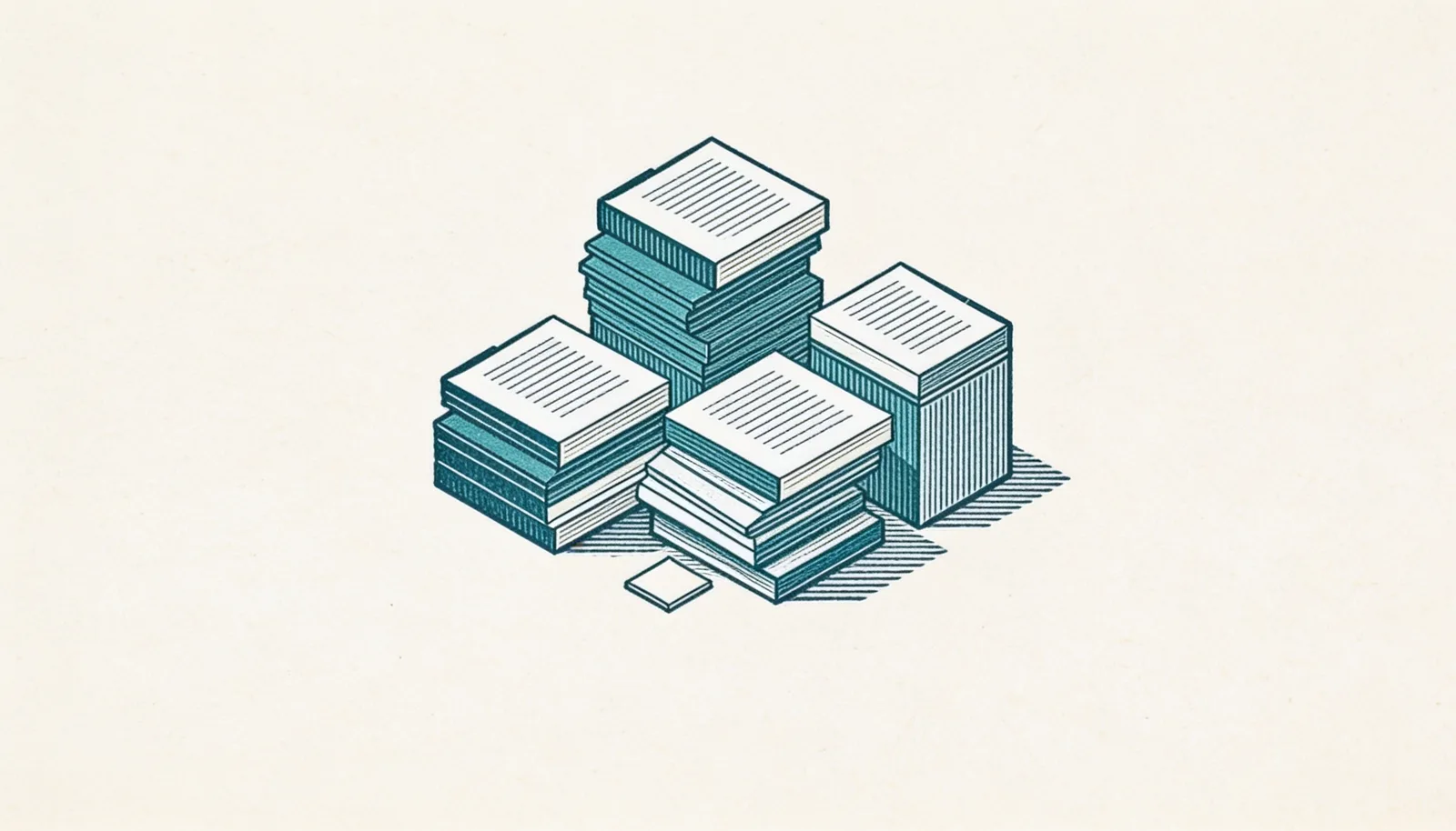 Three leaning stacks of cream paper on a teal night, and a closed drawer beside them, with nothing linking them.