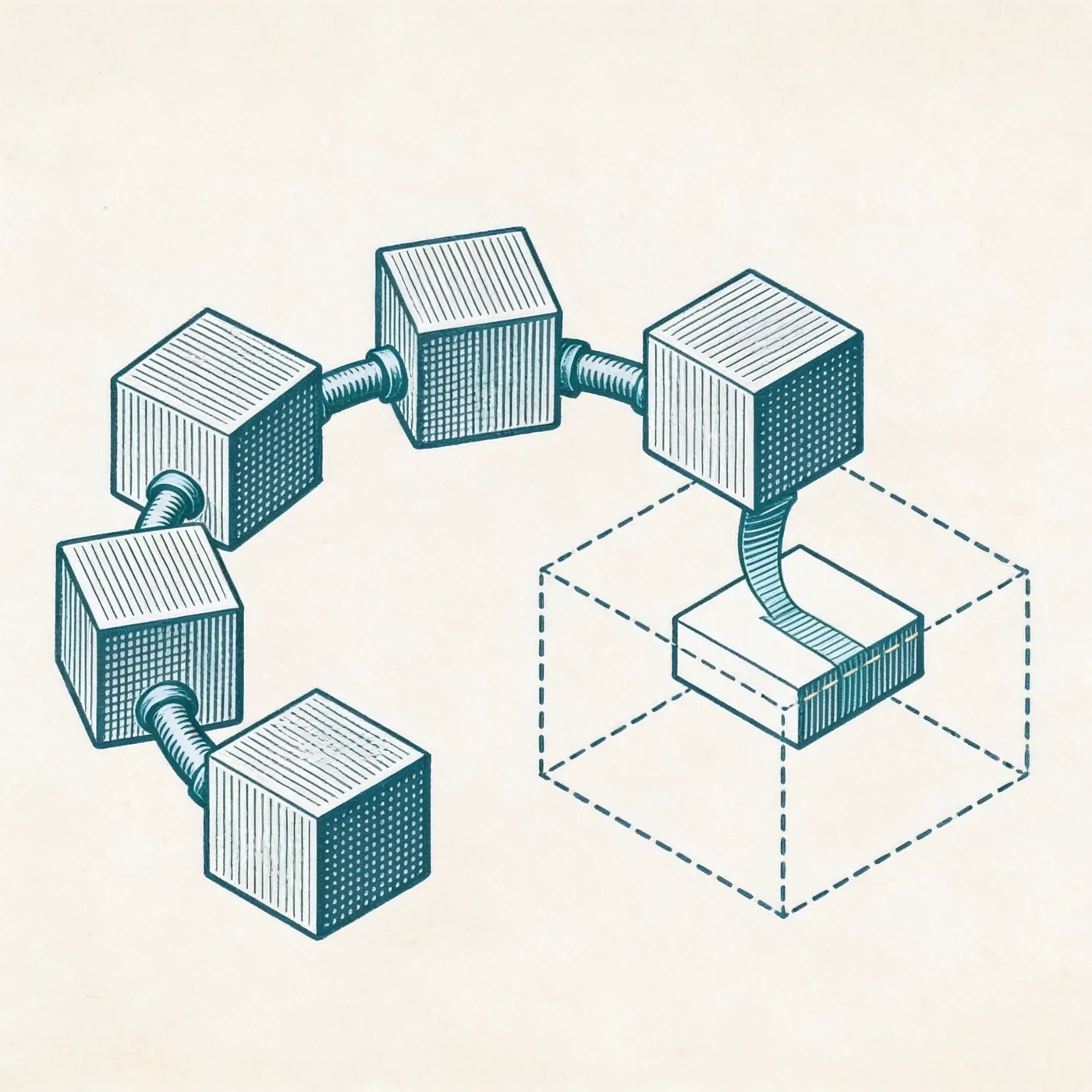 Five cream blocks linked by turquoise pipes; only one is being replaced, set inside a dashed gold outline.